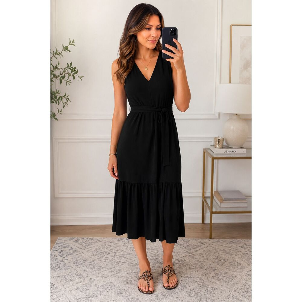 Banana Republic - Black Sleeveless V-Neck Midi Dress (NWT) - Petite Small
